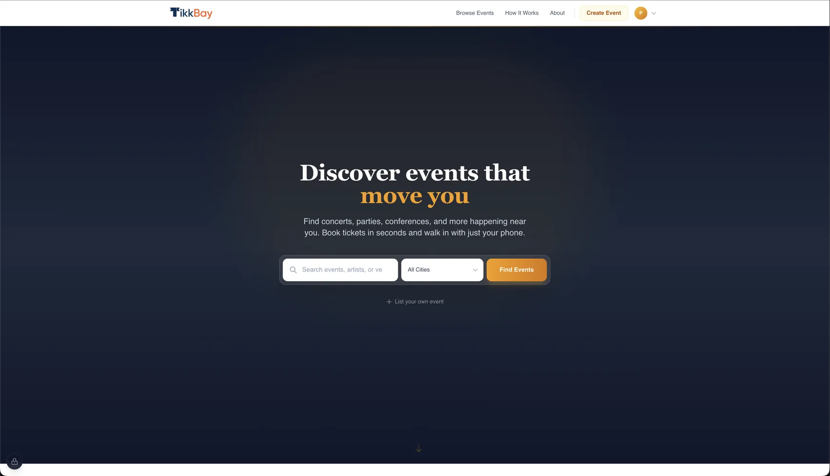 The TikkBay event ticketing platform homepage